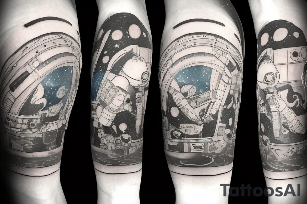 An astronaut riding a rocket in space, with planets in the background and something by to represent lgbt pride, the tattoo is for the forearm, and is realistic tattoo idea