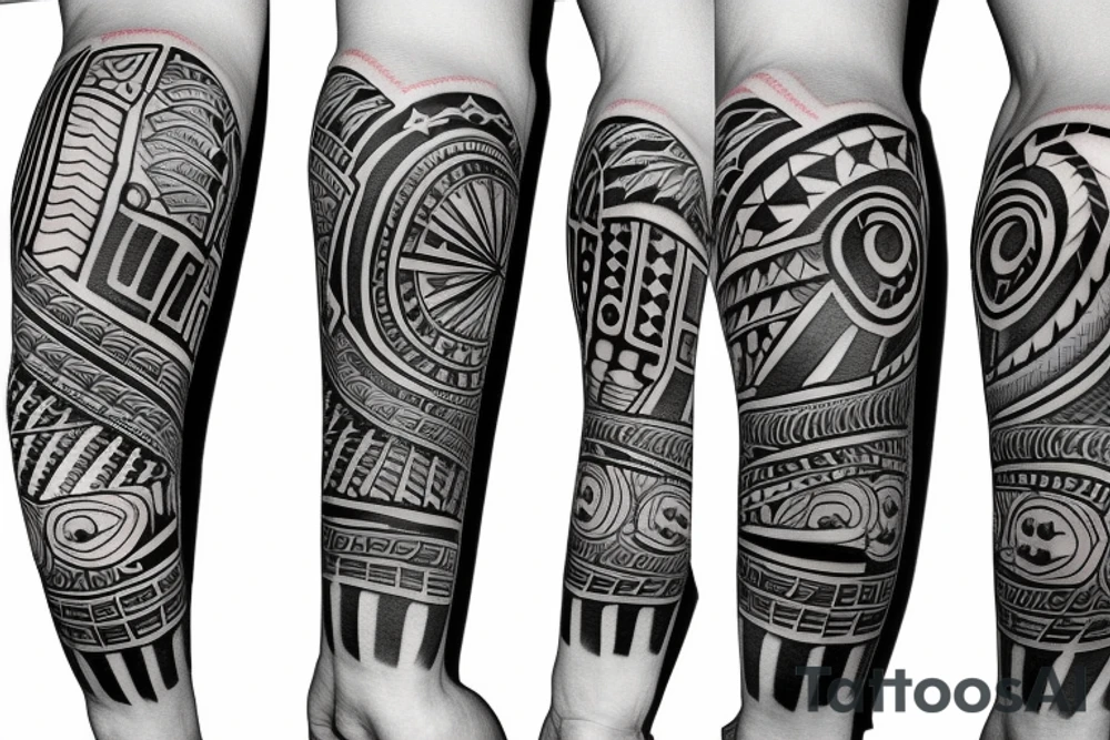 sun, patriotic, tribal upper arm tattoo idea