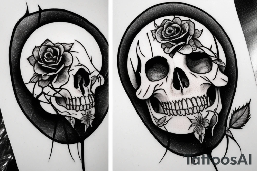 a moon skull rose in a vertical line in a gothic style tattoo idea