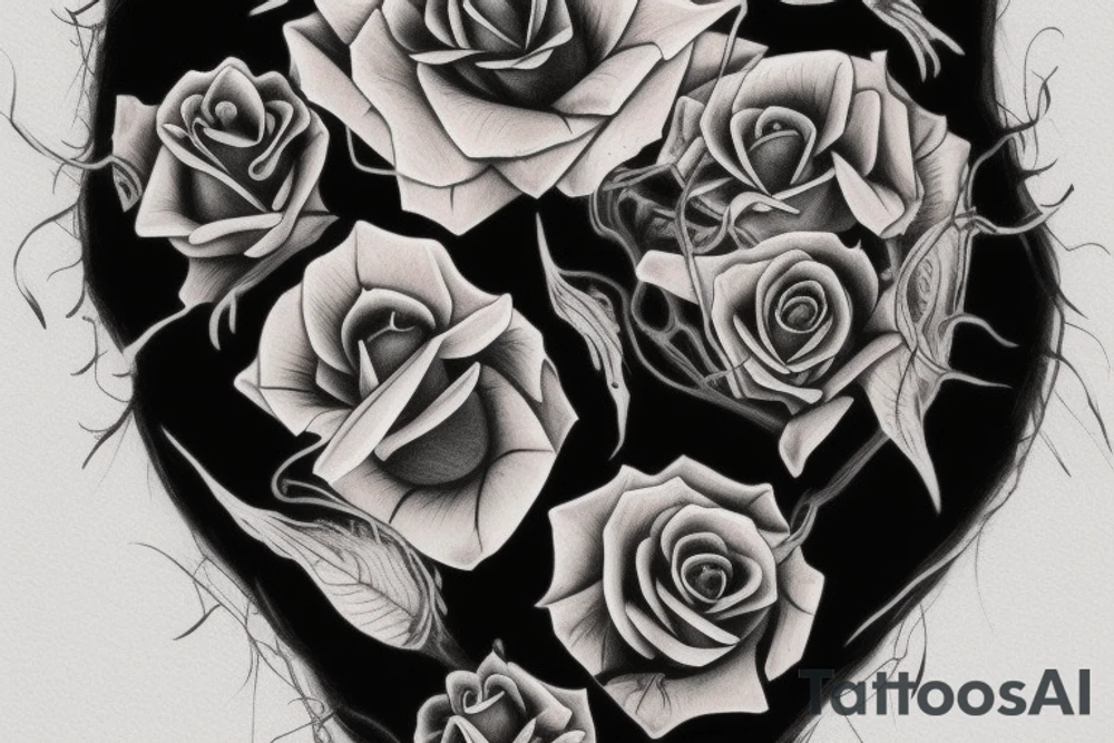 a moon skull rose in a vertical line in a gothic style tattoo idea