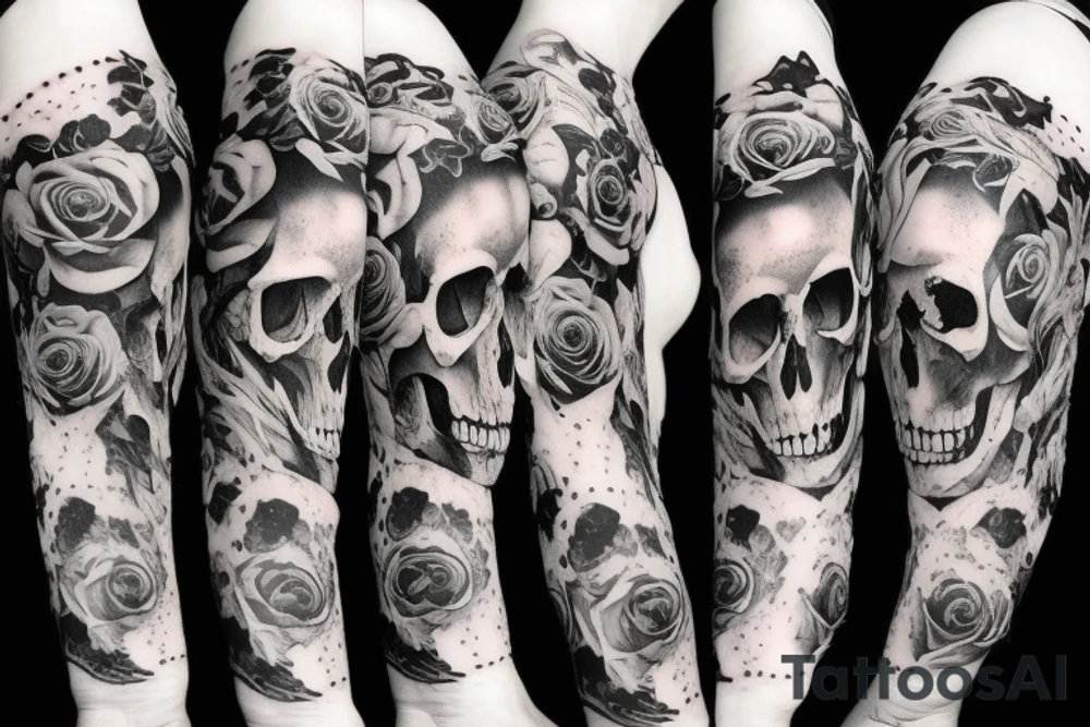 a moon and skull and rose in a vertical line in a tattoo idea