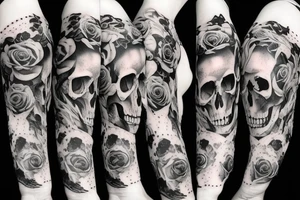 a moon and skull and rose in a vertical line in a tattoo idea