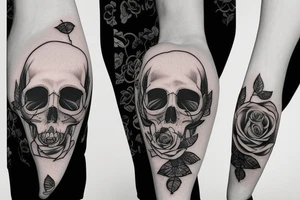 a moon and skull and rose in a vertical line tattoo idea
