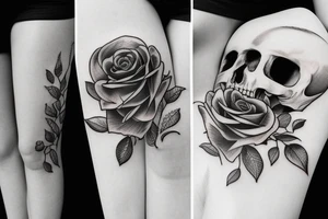 a moon and skull and rose in a vertical line tattoo idea