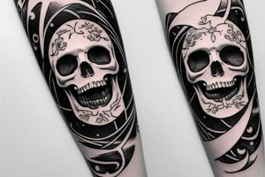 a moon and skull in a vertical line tattoo idea