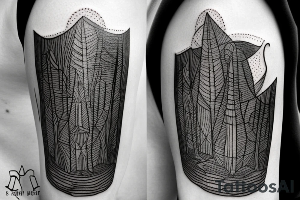 Chess root piece as a tower in a dark forest tattoo idea