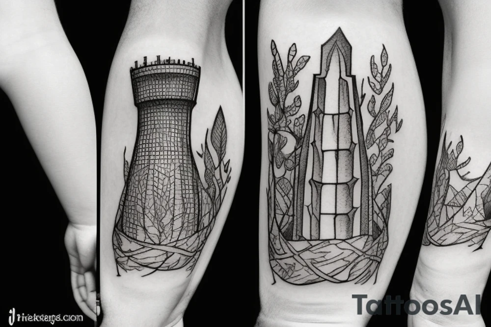 Chess root piece as a tower in a dark forest tattoo idea