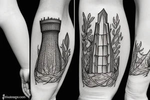 Chess root piece as a tower in a dark forest tattoo idea