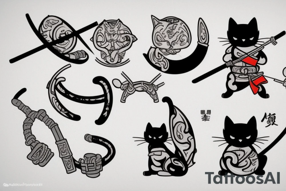 cat samurai with katana tattoo idea