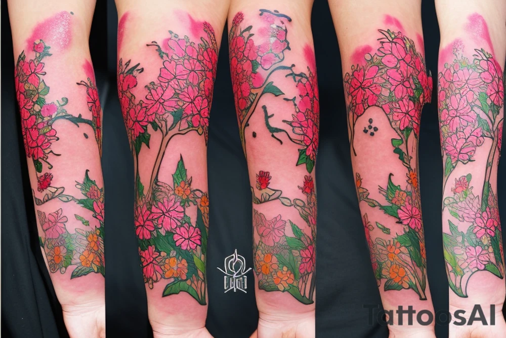 Pine tree with yellow rose, cherry blossoms, forget-me-nots, stargazer lillies, and gerbera daisies tattoo idea