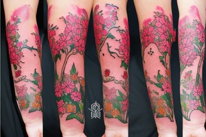 Pine tree with yellow rose, cherry blossoms, forget-me-nots, stargazer lillies, and gerbera daisies tattoo idea