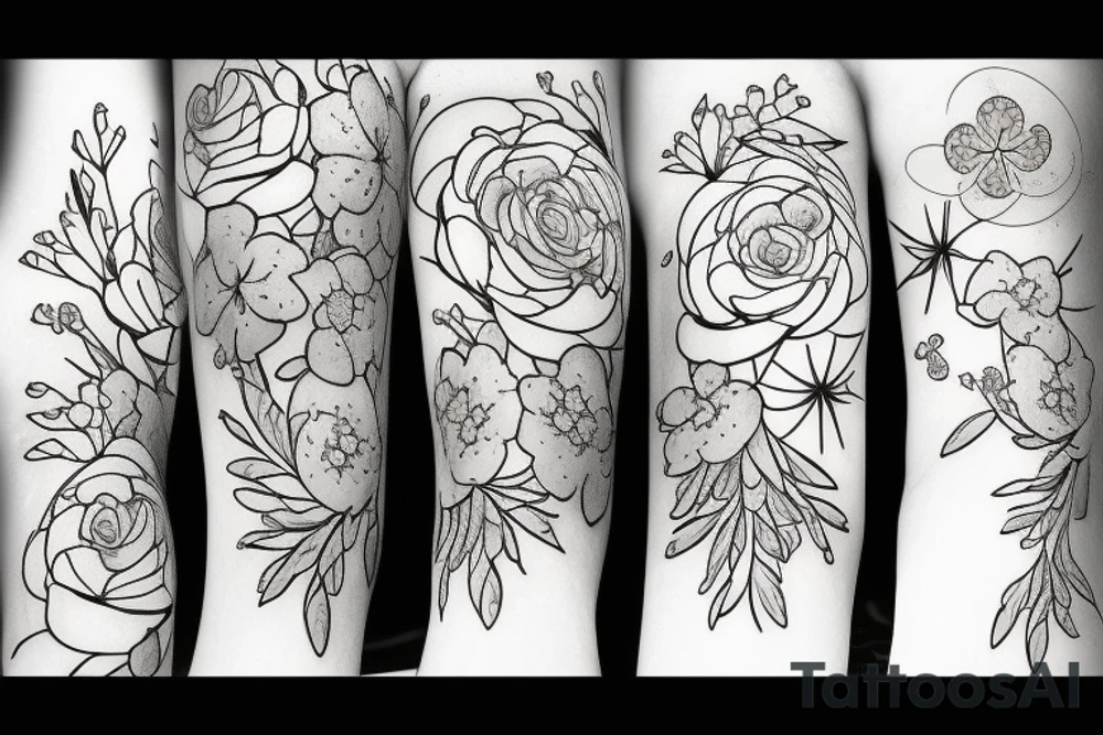 Pine tree with yellow rose, cherry blossoms, forget-me-nots, stargazer lillies, and gerbera daisies tattoo idea