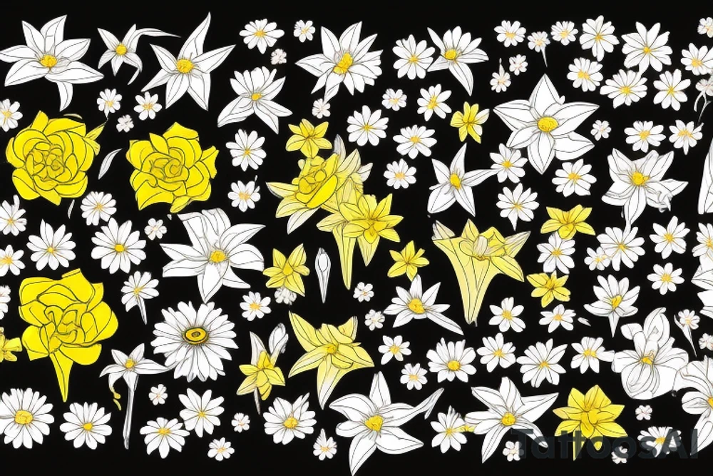 Pine tree with yellow rose, cherry blossoms, forget-me-nots, stargazer lillies, and gerbera daisies on the ribs tattoo idea