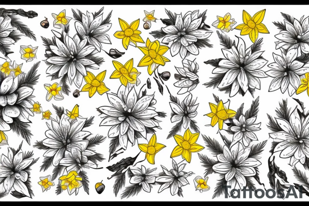 Pine tree with yellow rose, cherry blossoms, forget-me-nots, stargazer lillies, and gerbera daisies on the ribs tattoo idea