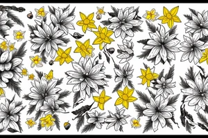 Pine tree with yellow rose, cherry blossoms, forget-me-nots, stargazer lillies, and gerbera daisies on the ribs tattoo idea