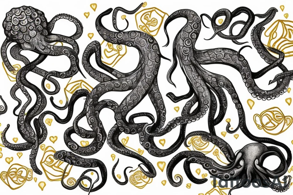Big octopus on the sea with gold heart in tentacles tattoo idea