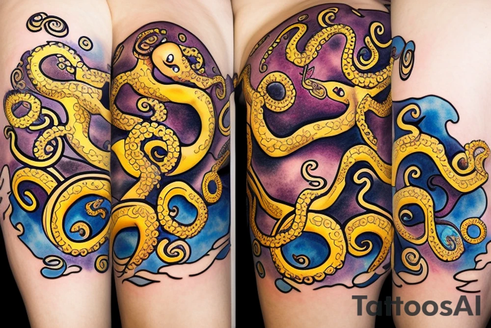 Big octopus on the sea with gold heart in tentacles tattoo idea