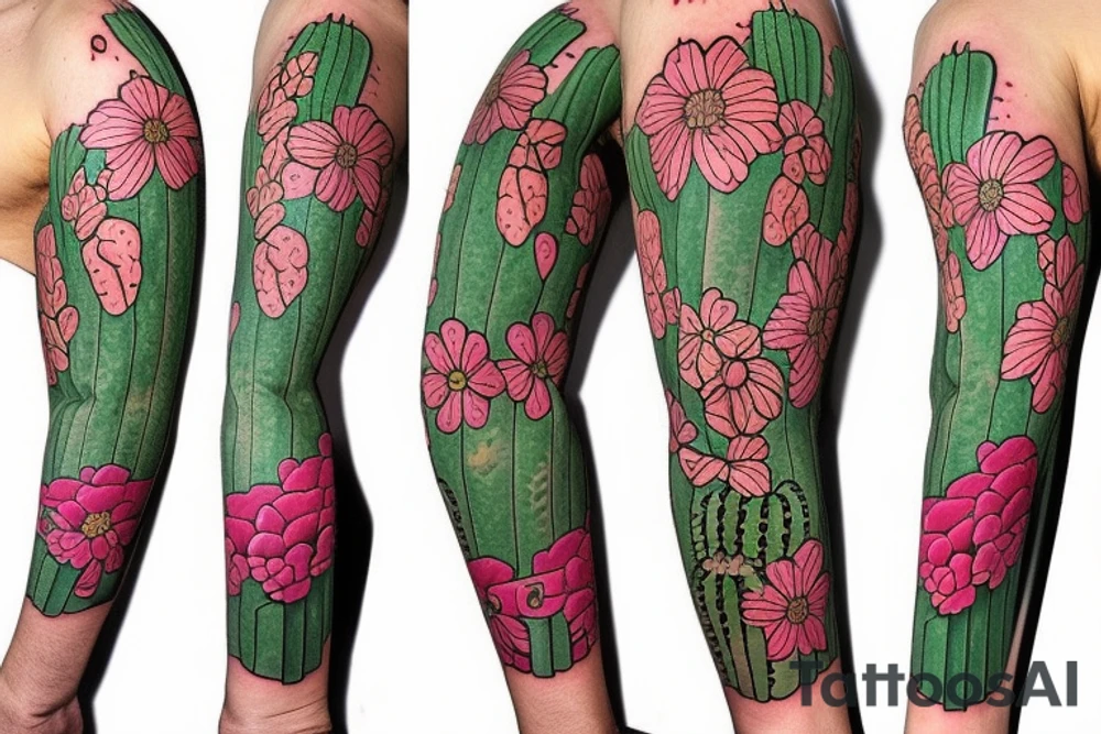Cactus themed tattoo sleeve, with floral intertwinings and maybe integrate the I am greater than my ups and downs symbol tattoo idea