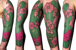 Cactus themed tattoo sleeve, with floral intertwinings and maybe integrate the I am greater than my ups and downs symbol tattoo idea