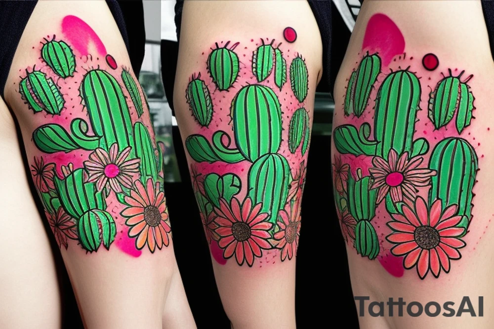 Cactus themed tattoo sleeve, with floral intertwinings and maybe integrate the I am greater than my ups and downs symbol tattoo idea