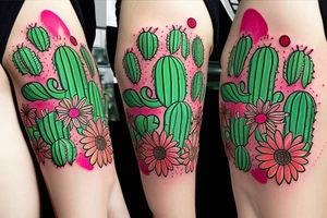 Cactus themed tattoo sleeve, with floral intertwinings and maybe integrate the I am greater than my ups and downs symbol tattoo idea