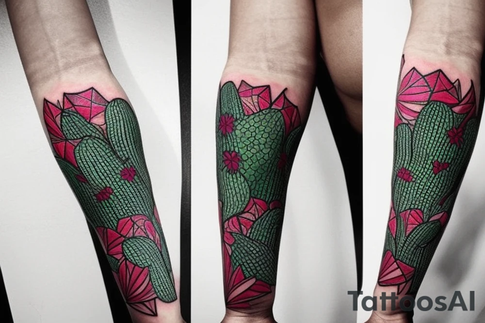 Cactus themed tattoo sleeve, with floral intertwinings and maybe integrate the I am greater than my ups and downs symbol. Make it manly and badass tattoo idea
