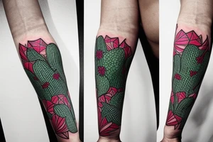 Cactus themed tattoo sleeve, with floral intertwinings and maybe integrate the I am greater than my ups and downs symbol. Make it manly and badass tattoo idea