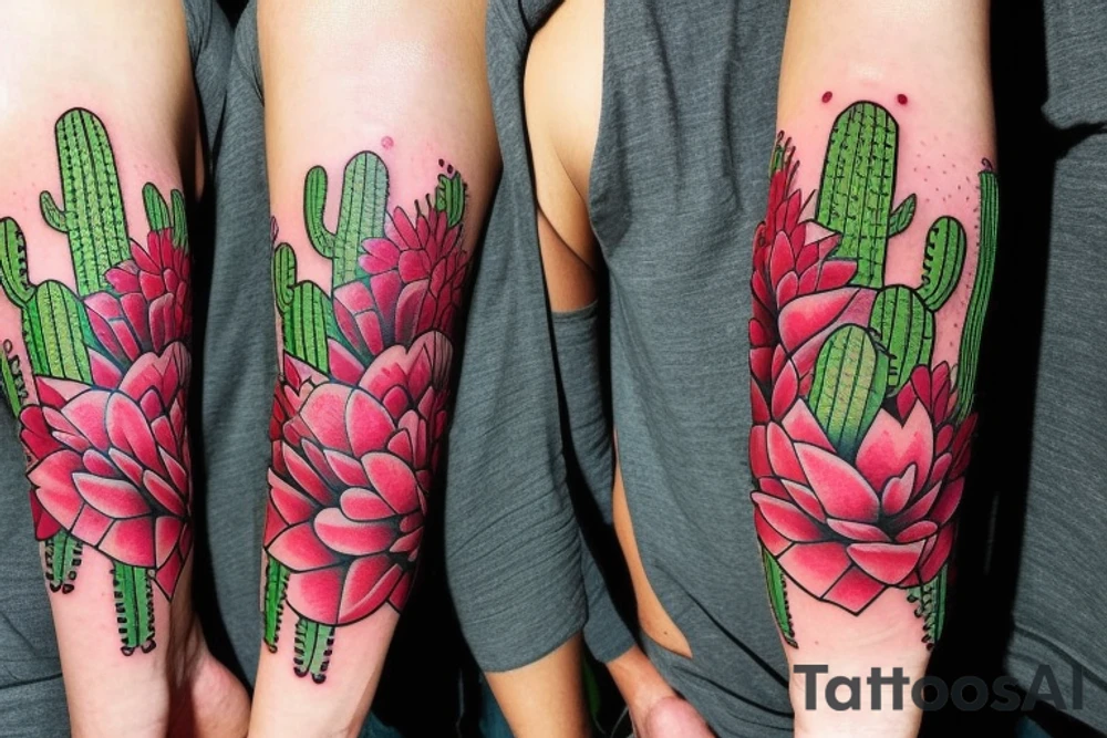Cactus themed tattoo sleeve, with dangerous looking spikes, floral intertwining.  Make it manly and badass tattoo idea