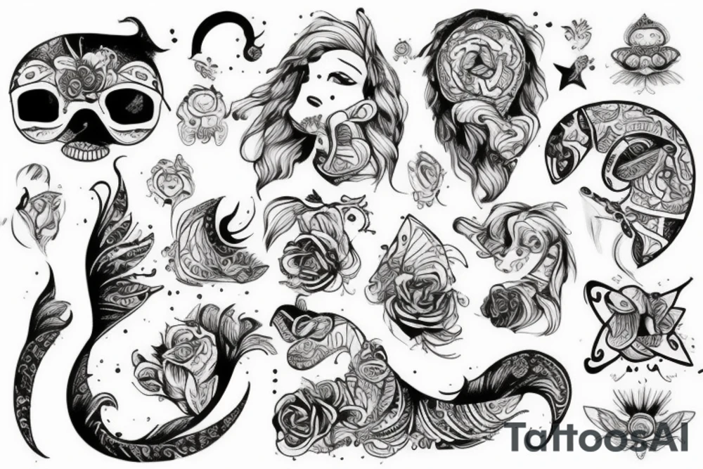 Чëрный ворон, чёрный кот и луна tattoo idea