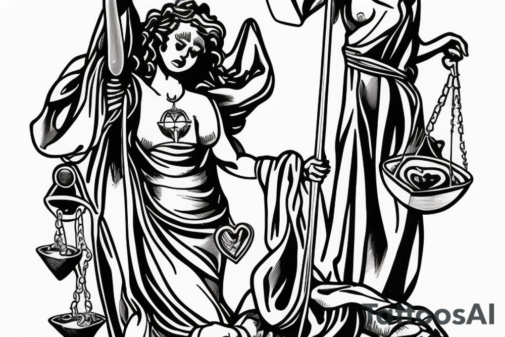 lady justice with her robes growing out of a human heart tattoo idea
