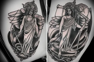 lady justice, standing on a human heart tattoo idea