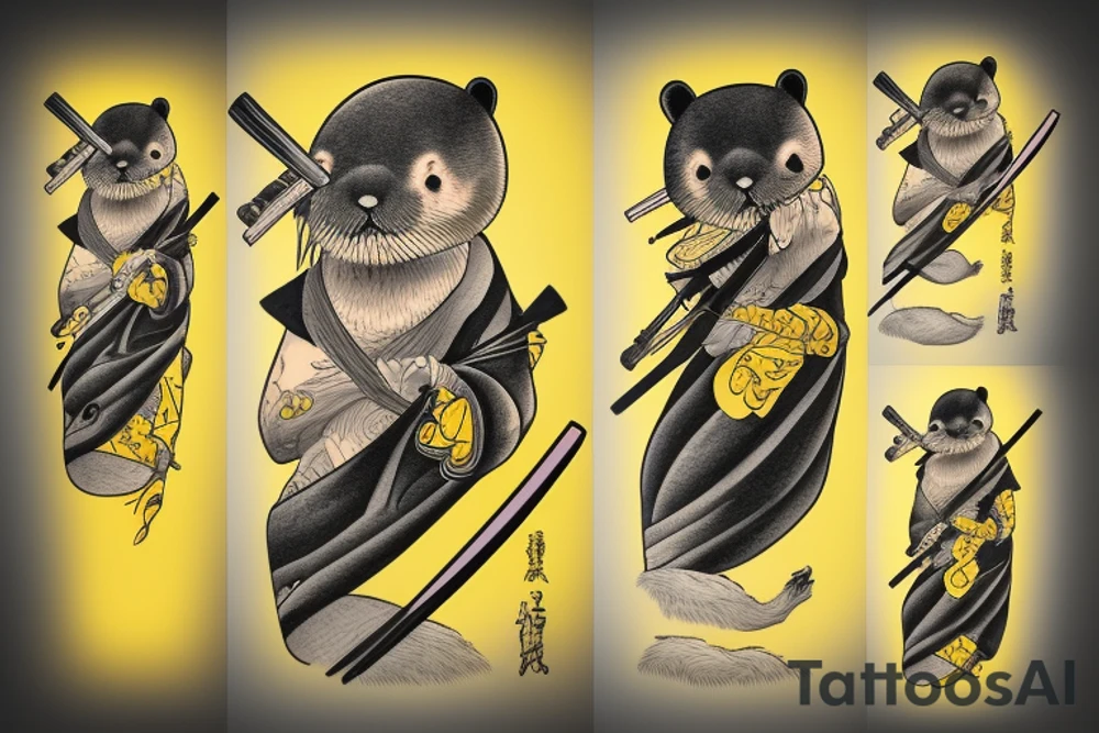 Samurai sea otter with a katana and yellow gown tattoo idea