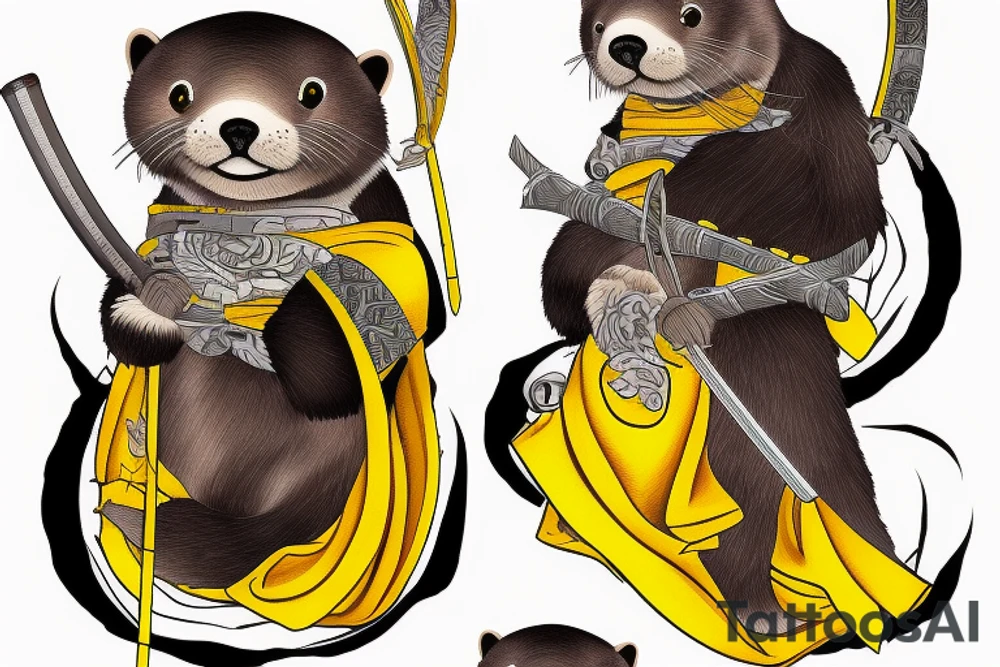 Samurai sea otter with a katana and yellow gown tattoo idea