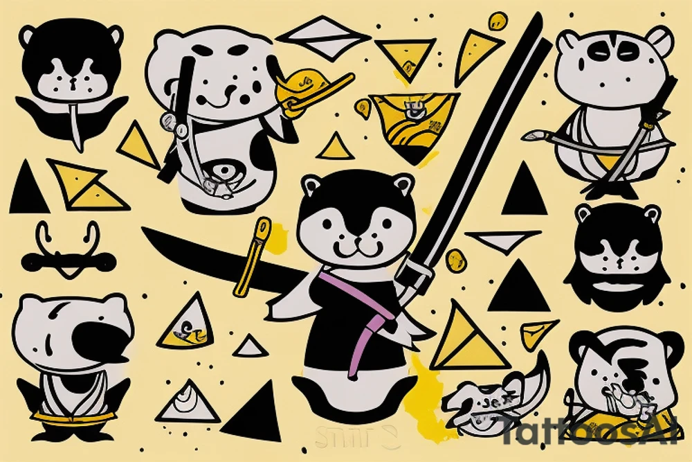 Samurai sea otter holding a katana, wearing yellow coat with a black triangle pattern tattoo idea