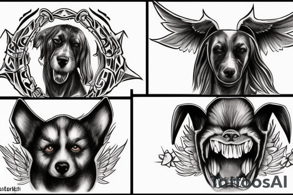 Two dogs on the chest, the left one personifies bad traits and plays the role of a demon, she has an aggressive look and shows a grin, and the right one personifies good traits and plays the role of an angel tattoo idea