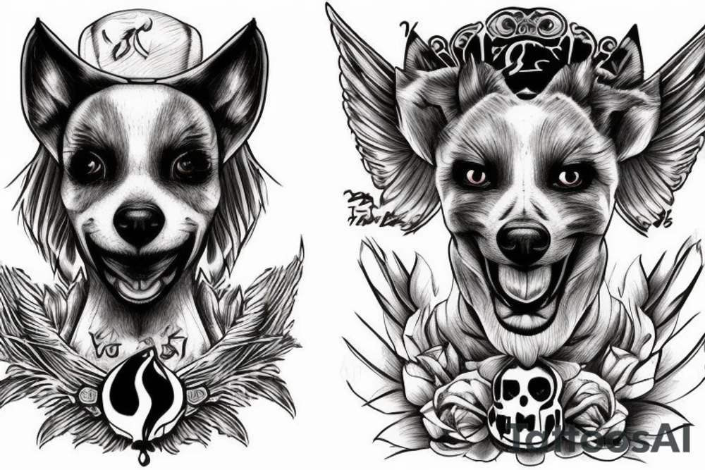 Two dogs on the chest, the left one personifies bad traits and plays the role of a demon, she has an aggressive look and shows a grin, and the right one personifies good traits and plays the role of an angel tattoo idea