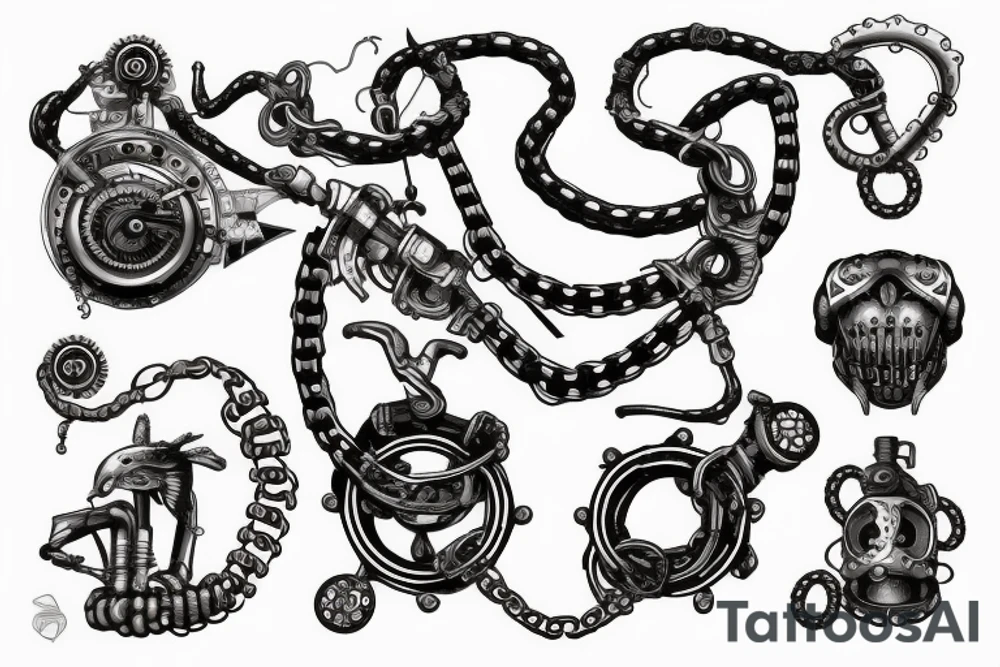 Steam punk snake with chain body tattoo idea