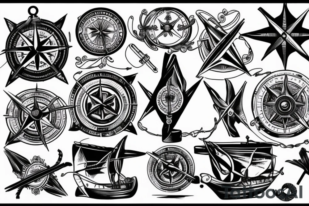 Compass sheathed with handles from the helm of the ship, in the shadows tattoo idea