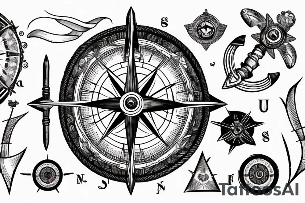 Compass sheathed with handles from the helm of the ship, in the shadows tattoo idea