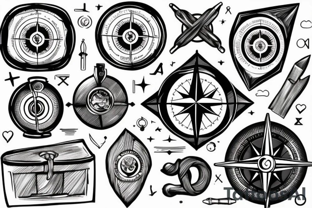 Compass sheathed with handles from the helm of the ship, in the shadows tattoo idea