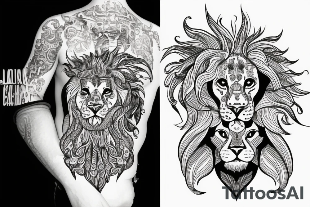 lion and mermaid of Warsaw in little psychedelic style tattoo idea