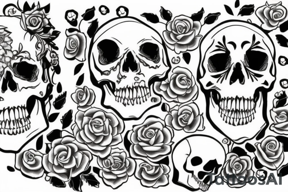 Skull with bone and flowers tattoo idea