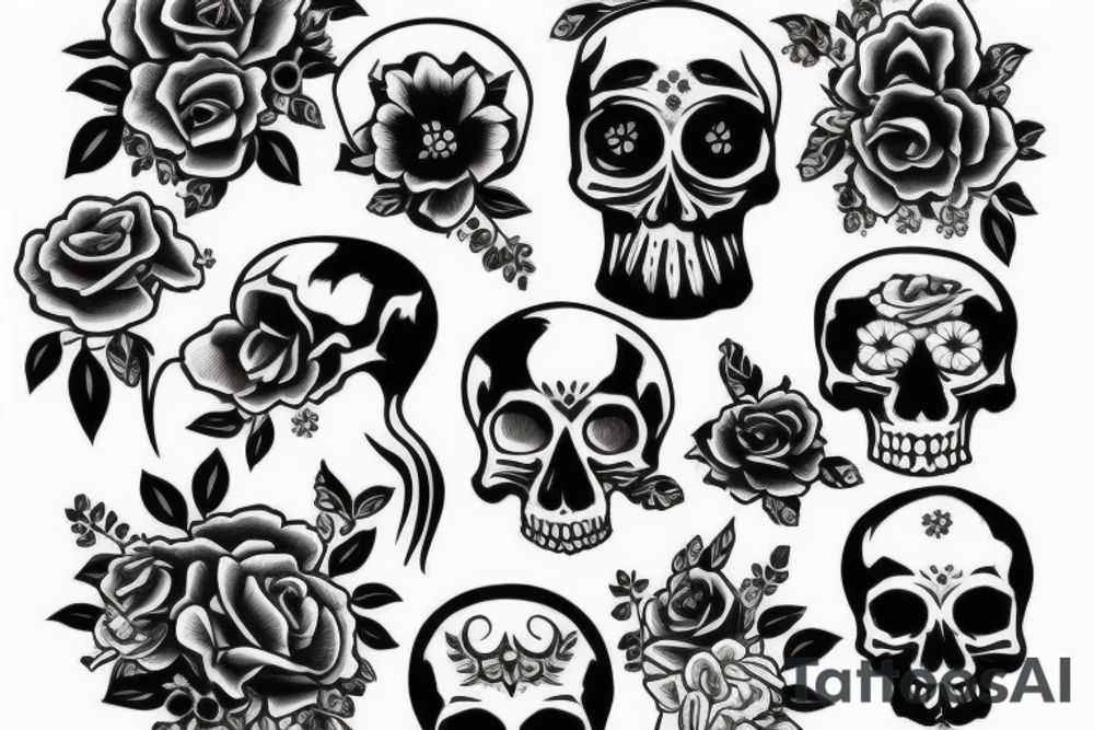 Skull with bone and flowers tattoo idea