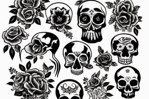 Skull with bone and flowers tattoo idea