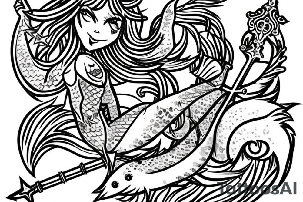 Mermaid with sword and shield in little psychedelic style tattoo idea