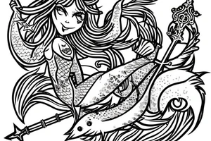 Mermaid with sword and shield in little psychedelic style tattoo idea