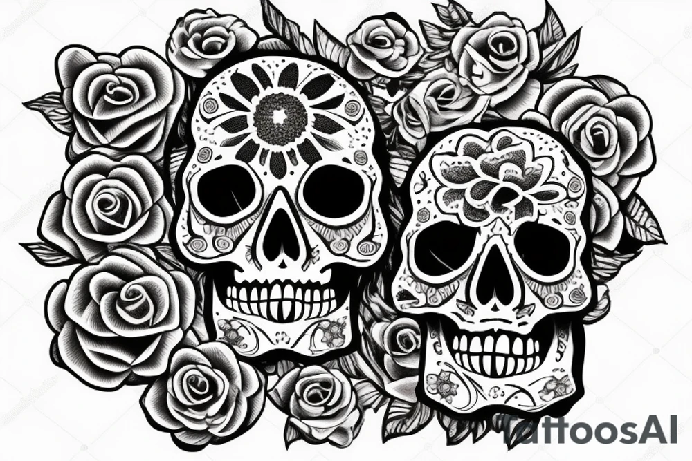 Skull with bone and flowers tattoo idea