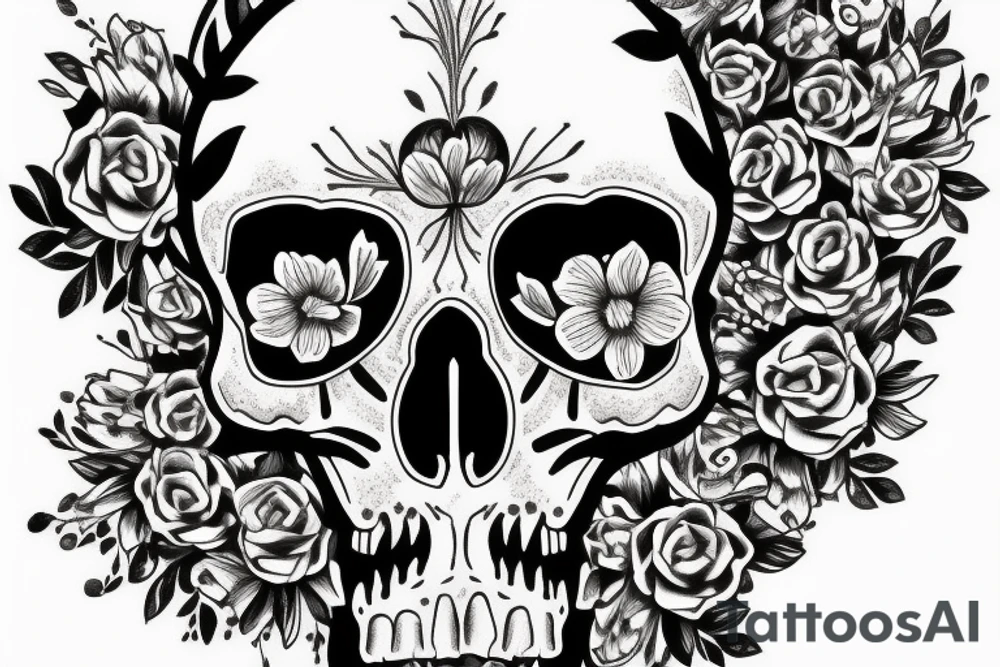 Skull with bone and flowers tattoo idea
