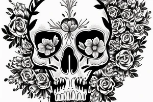 Skull with bone and flowers tattoo idea