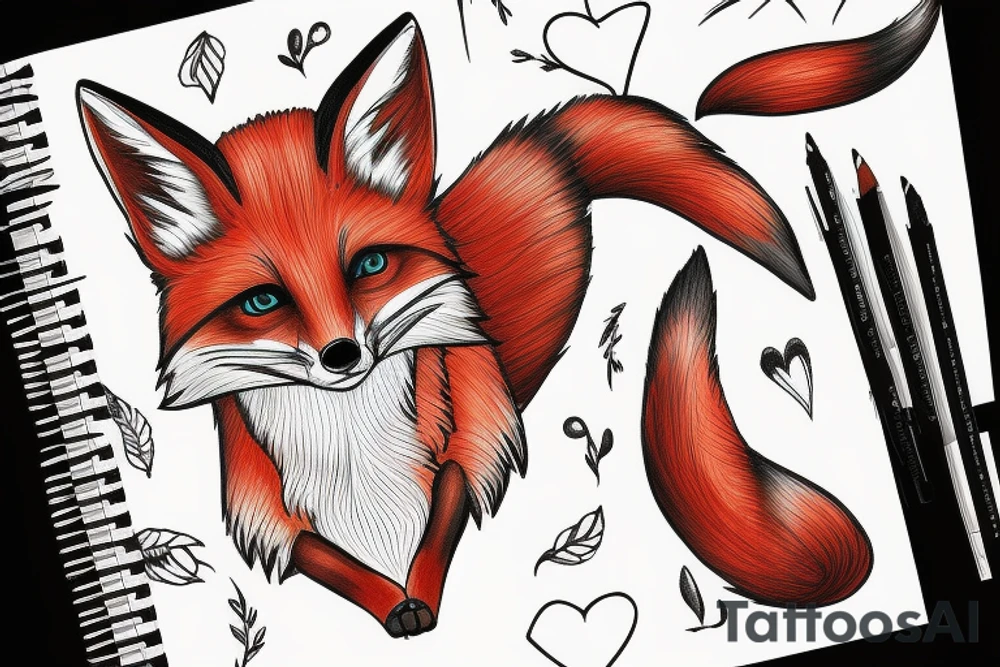 Red fox with a big tail and cute eyes tattoo idea